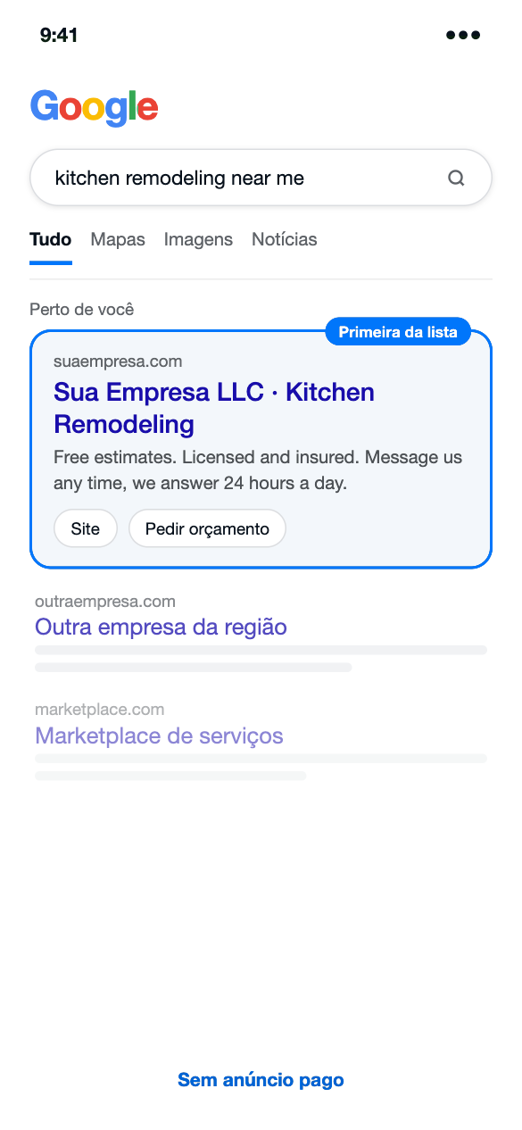 Busca do Google com a sua empresa em primeiro lugar, sem anúncio pago