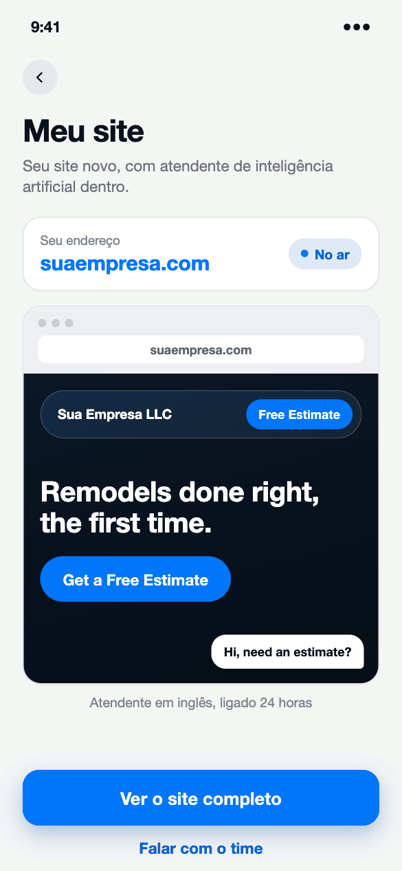Tela do site novo da sua empresa, no ar, com o atendente de inteligência artificial