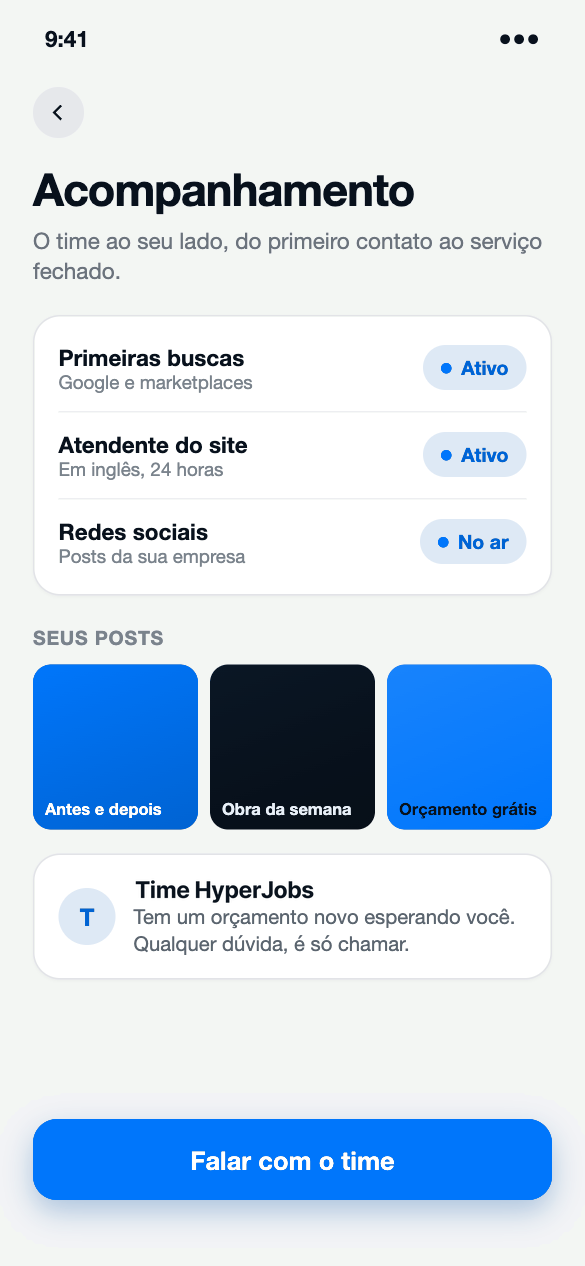 Tela de acompanhamento com buscas, atendente, redes sociais e o time ao seu lado